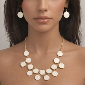 Stylish Gold White Flat Round Discs Necklace, Matching Earrings Set Womens Jewe